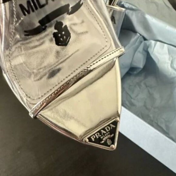 PRADA Milano 75mm Patent Silver Metallic Plex Logo Extended Sole Mule 37 $1200 - Picture 3 of 6